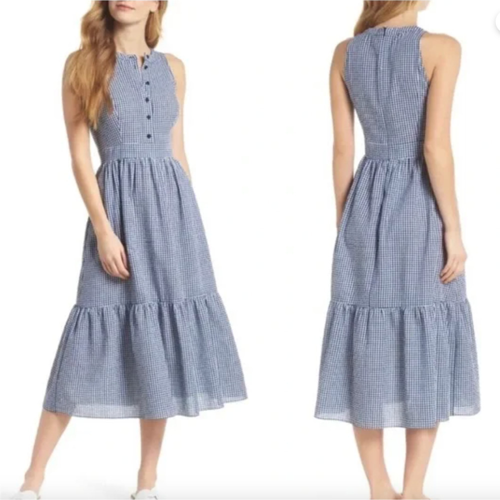 Gal Meets Glam Blue and White Gingham Tiered Midi Dress